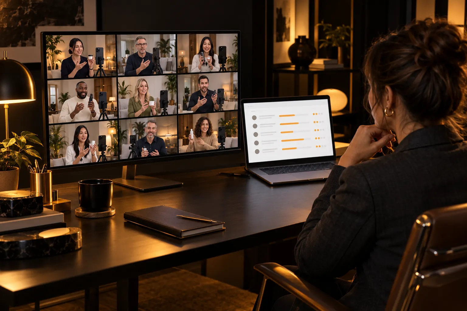 Marketer comparing a grid of creators filming product videos with a laptop showing an abstract tracking dashboard.