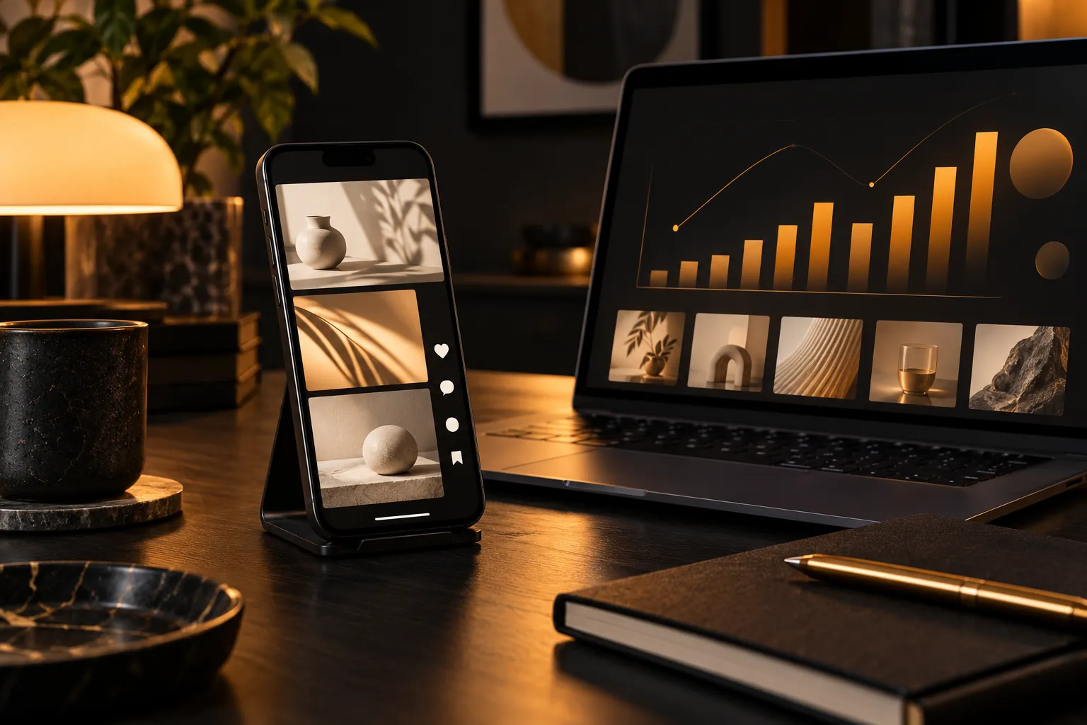 An upright phone showing an abstract short-video feed beside a laptop with amber charts on a dark desk