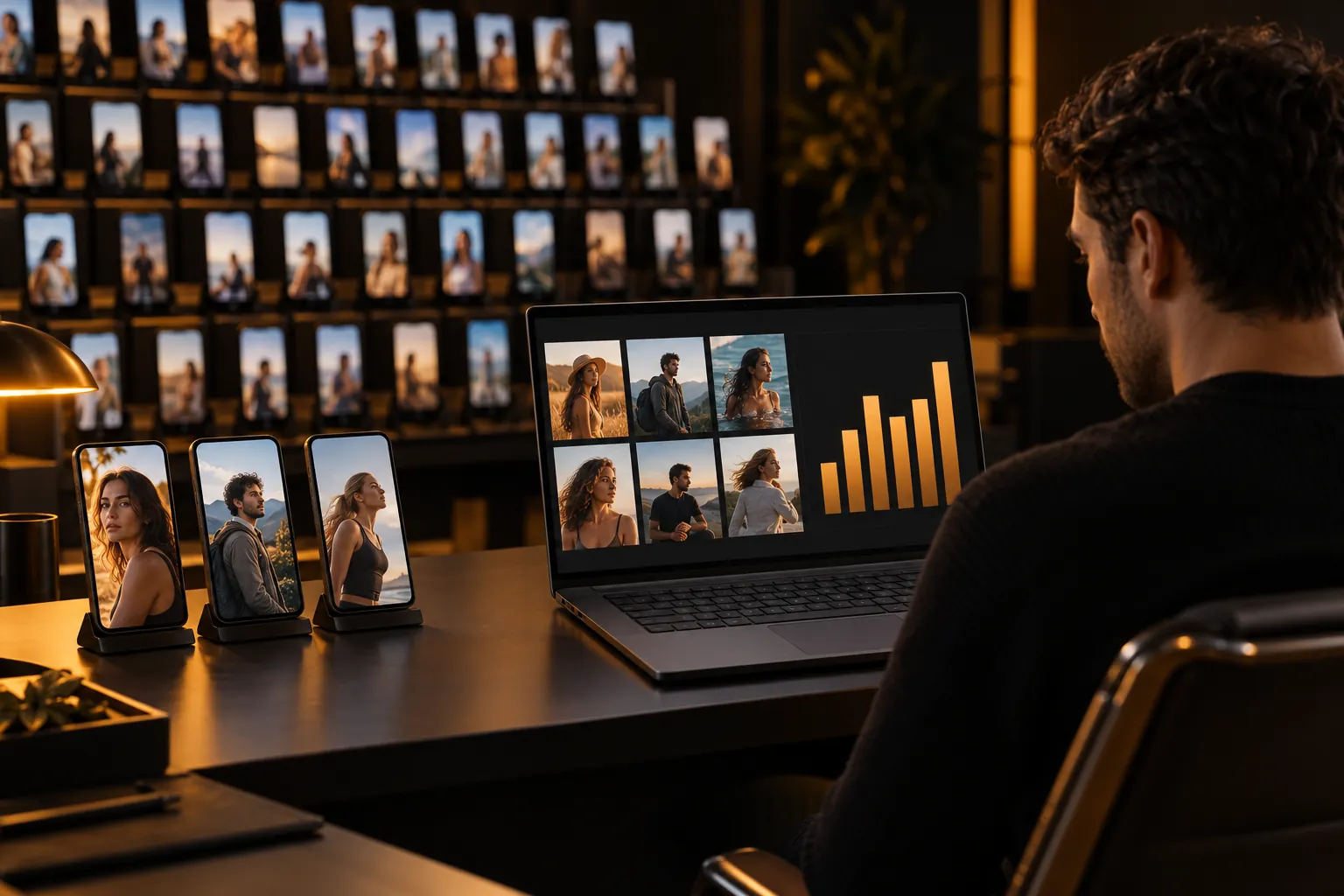 A marketer studies creator thumbnails and amber bar charts on a laptop, with three selected creator phones on the desk and dozens of screens in the background.