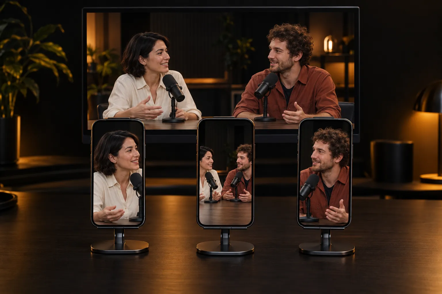 A widescreen podcast with two guests appears behind three phones on desk stands showing vertical clips of the same conversation.