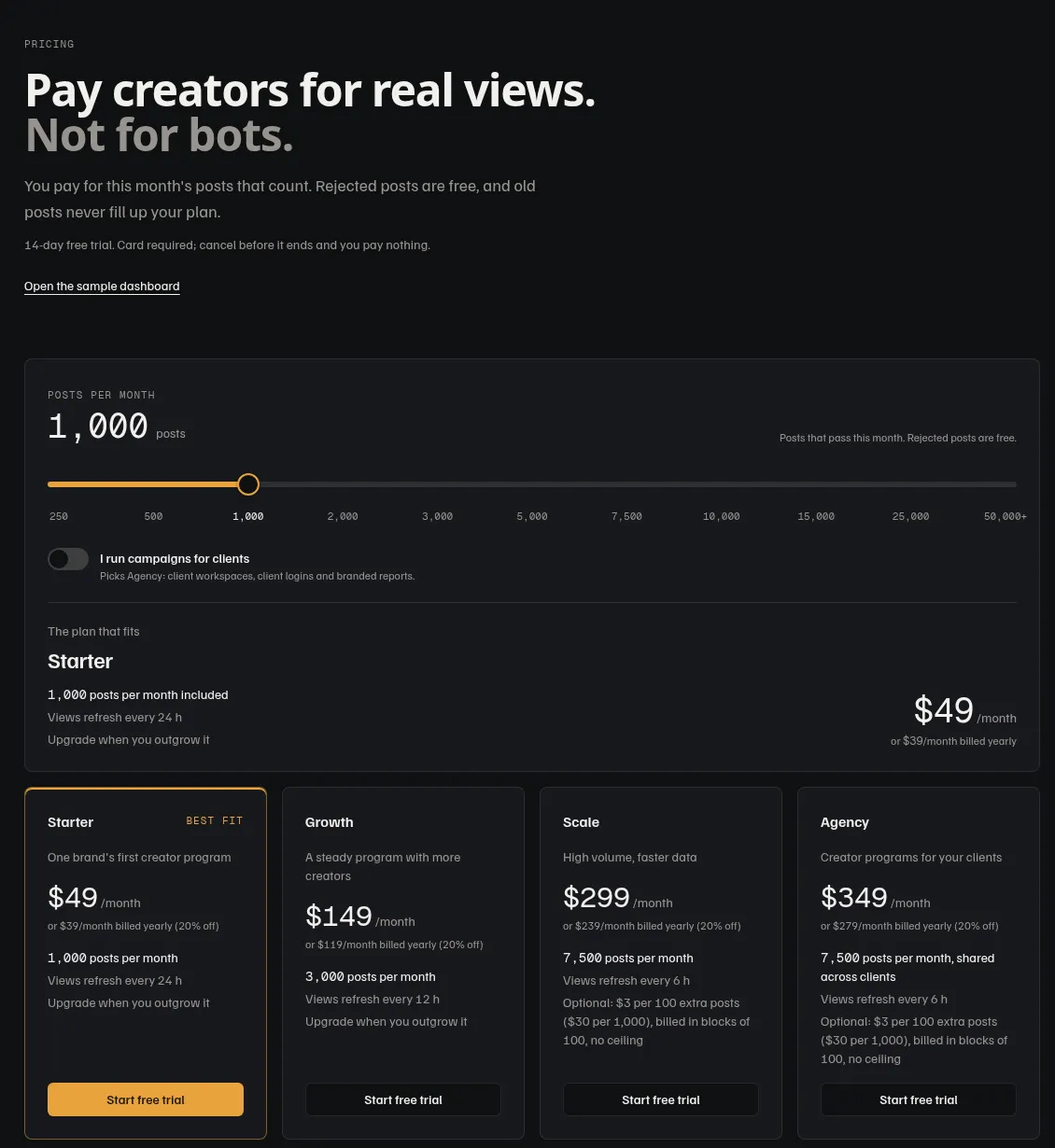 ViewsBase pricing with a 1,000-post plan selector and Starter, Growth, Scale and Agency plans.