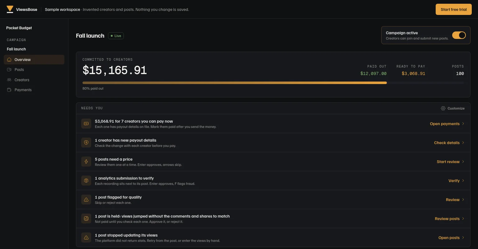 ViewsBase’s public sample workspace showing a campaign overview with invented payout totals and a review list