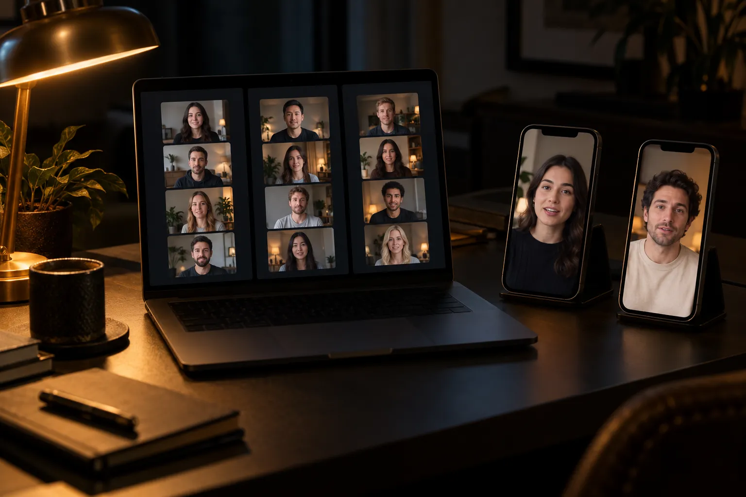 An amber-lit desk at night with a laptop displaying three groups of creator video thumbnails and two upright phones showing adult creators speaking to camera.