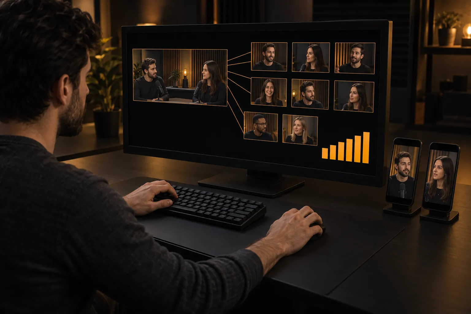 An agency specialist reviews a podcast interview branching into short clips, next to an amber bar chart, with two phones showing different interview clips at a dark workstation