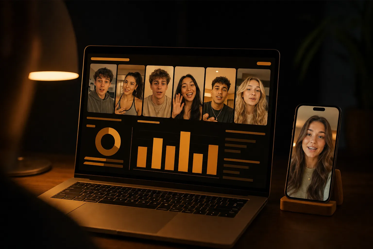 A laptop on a dark desk showing a grid of short vertical creator videos and amber view charts, next to a phone on a stand playing a creator's video