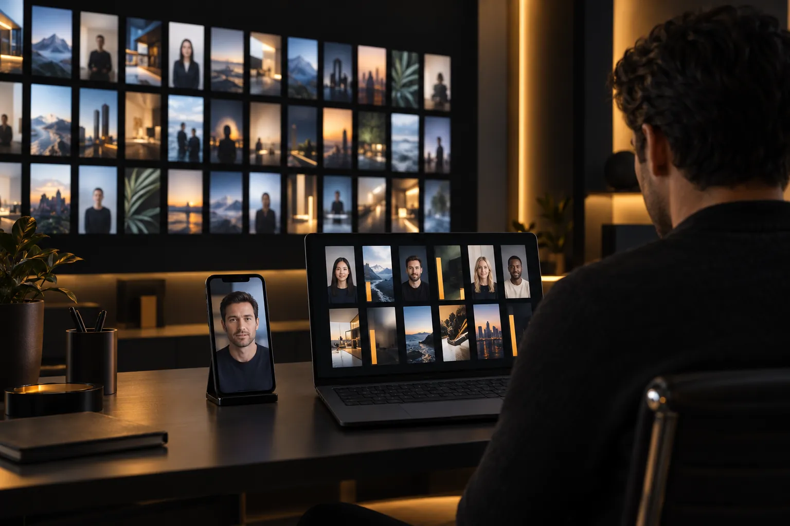 A marketer reviews creator videos on a laptop and phone in front of a wall of short-video thumbnails in a dark office.