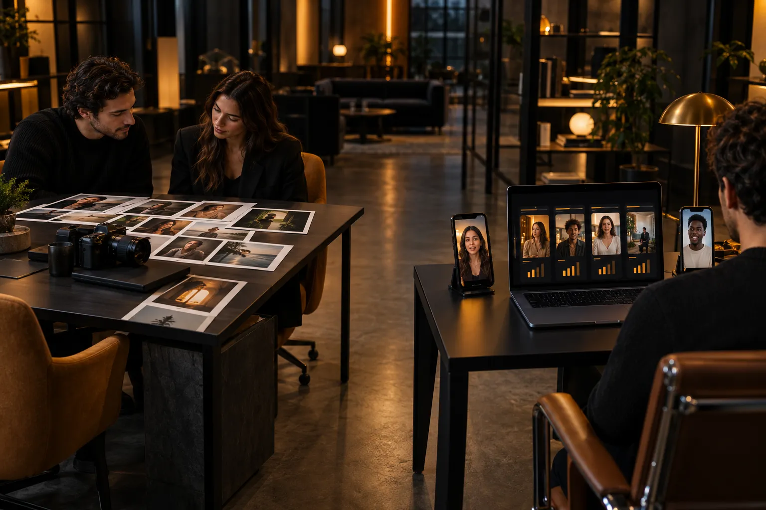 An agency team reviews storyboards beside a solo marketer tracking creator videos on a laptop and two phones in a dark office.