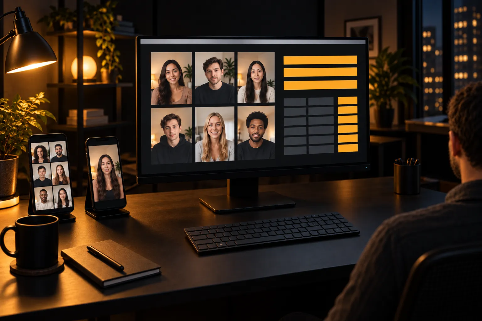A marketer at an amber-lit desk reviews six creator portraits and blank payout bars on a wide monitor beside two phones showing a creator grid and a talking-head video